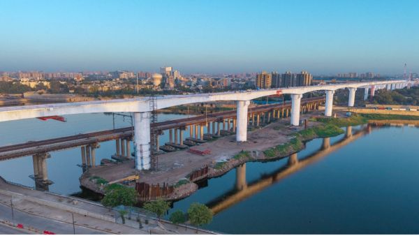 The Sabarmati River bridge connects a key section of the Mumbai-Ahmedabad bullet train corridor.