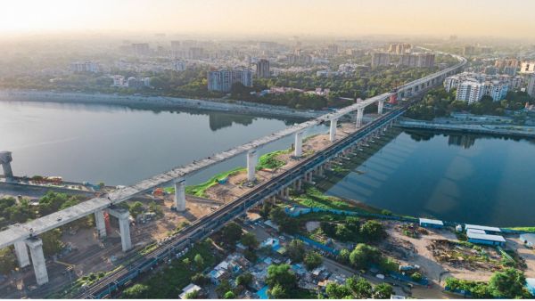 The 12-storey-tall Sabarmati River bridge is among the major structures of the bullet train project.