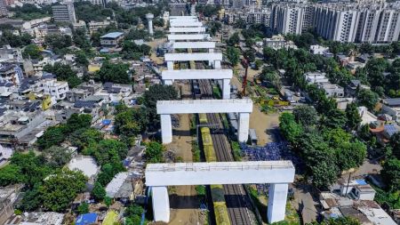 Portal beam construction completed over the Delhi-Mumbai Rajdhani railway line in Vadodara as part of the Mumbai-Ahmedabad bullet train project.
