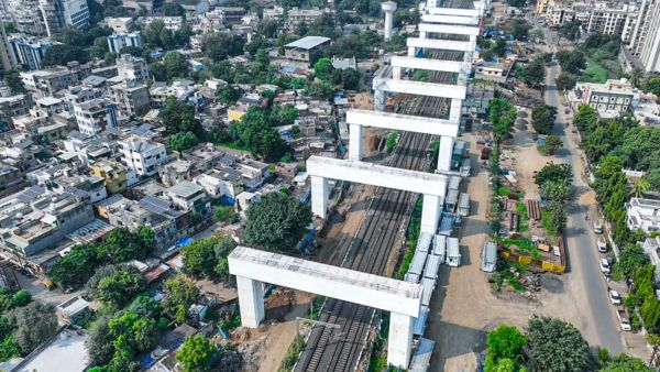 Construction of all 14 portal beams marks progress in building the elevated track for India’s first bullet train project. (Image: NHSRCL)