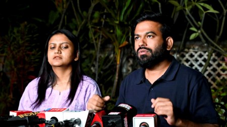 Cockroach Janta Party (CJP) founder Abhijeet Dipke with legal head Ratna Singh address a press conference.