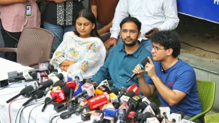 Saurav Das, Ashutosh Ranka and Ratna Singh address a presser at Press Club of India after being released from the Police custody. (Express photo by Abhinav Saha)