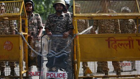 Heavy police presence, multi-layered security, and multi-tier barricading were put in place along Baba Kharak Singh Marg (near Gurudwara Bangla Sahib and Gol Dak Khana) due to the CJP protest on Saturday. Express Photo by Gajendra Yadav