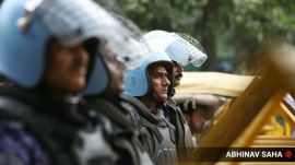 Security setup to contain ongoing protest citing the resignation of the Chief Elections Commission at New Delhi on Sunday, October 11, 2026.Express photo by Abhinav Saha