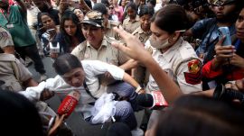 Police detained CJP supporters during a demonstration near Bangla Sahib Gurudwara in New Delhi on Saturday. (EXPRESS PHOTO BY PRAVEEN KHANNA)