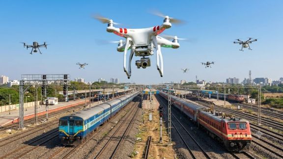 Indian Railways deploys drones to monitor tracks, curb stone pelting and theft, and strengthen passenger safety. (Image generated using AI)