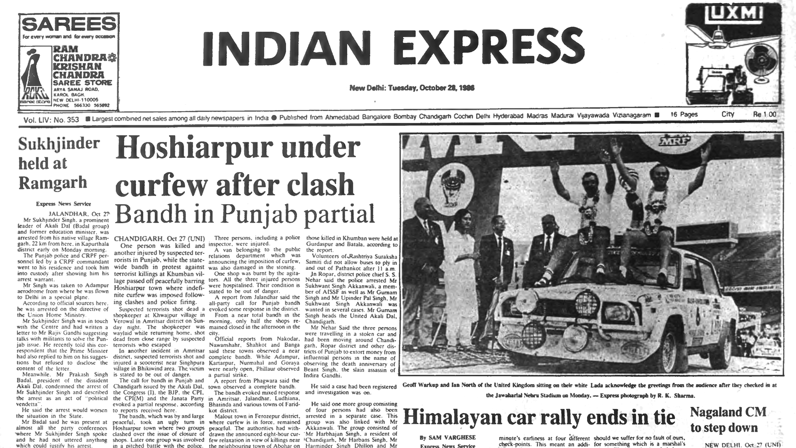 Security Incidents and Political Developments in India, October 1986