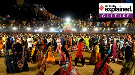 A garba event on the 5th day of Navratri in Vadodara in 2023. (Express photo by Bhupendra Rana)