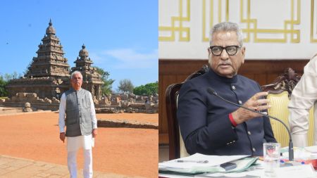 (L-R) Rajendra Vishwanath Arlekar, Governor of Keralam appointed as Governor of Tamil Nadu and Om Prakash Mathur, Governor of Sikkim appointed as Governor of Keralam