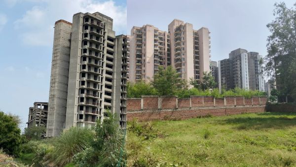 (left to right) Unfinished towers beside the finished blocks and Phase 2 with 766 flats across 11 towers and Phase 3 with 584 flats across 10 towers remain unfinished. (Express Photo by Nirbhay Thakur) 