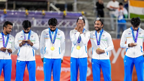 Gold medallist Indian players, from left, Vivek Sagar Prasad, Manpreet Singh, Yashdeep Siwach, Hardik Singh, Rajinder Singh and Mohith HS during the medal ceremony after the men's final hockey match, at the ongoing 20th Asian Games, in Kakamigahara, Japan, Saturday, Oct. 3, 2026. (PTI Photo/Atul Yadav) (PTI10_03_2026_000555A) *** Local Caption ***