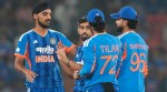 India's Prince Yadav, second left, celebrate with teammates the wicket of West Indies' Shimron Hetmyer during the fourth T20 cricket match between India and West Indies in Hyderabad, India, Wednesday, Oct. 14, 2026. (AP Photo)