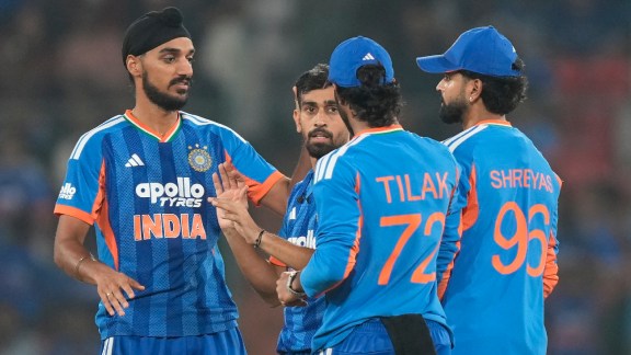 India's Prince Yadav, second left, celebrate with teammates the wicket of West Indies' Shimron Hetmyer during the fourth T20 cricket match between India and West Indies in Hyderabad, India, Wednesday, Oct. 14, 2026. (AP Photo)