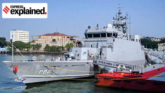 INS Mangrol, the third Mahe-class Anti-Submarine Warfare Shallow Water Craft (ASW-SWC) constructed by Cochin Shipyard Limited, is seen as it is commissioned into the Indian Navy at the Naval Dockyard, in Mumbai, Maharashtra, Monday, Oct. 12. (PTI Photo)