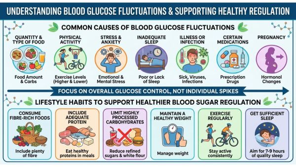 Factors such as food, exercise, stress and sleep can affect blood sugar levels