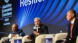 **EDS: THIRD PARTY IMAGE** In this image posted on Oct. 5, 2026, External Affairs Minister S Jaishankar along with Institute of Economic Growth (IEG) President NK Singh, left, and former Singapore Foreign Minister George Yeo, right, during the concluding session of the 5th Kautilya Economic Conclave (KEC 2026) on ‘India and the World: Adaptive by Design’, in New Delhi. (@DrSJaishankar/X via PTI Photo)