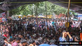 Supporters of CJP after Activist Sonam wangchuk taken to the hospital by Delhi police and doctor at Jantar Mantar in New Delhi on Saturday. Express photo by Praveen Khanna, 18.07.2026