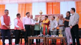 BJP MP Manoj Tiwari holds a mace as the president of the Luv Kush Ramlila Committee. Arjun Kumar announces that actor, singer, and MP Manoj Tiwari will portray the character of Kevat on the Ramlila stage this year, in New Delhi on Friday. (ANI photo)