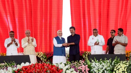 Prime Minister Narendra Modi with Tamil Nadu Chief Minister C. Joseph Vijay in Chennai. (DPR PMO/ANI Photo)