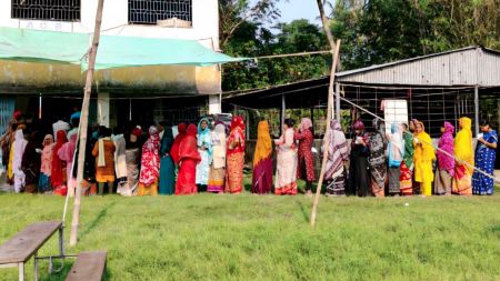 Nandigram: Women voters line up in a queue outside a polling station to cast their votes during the Assembly by-election in Nandigram constituency, Purba Medinipur district, West Bengal, Tuesday, Oct. 6, 2026. (PTI Photo)(PTI10_06_2026_000071B)