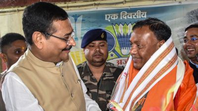 Odisha Governor Braj Mohan Ram being greeted by BJP leader Deepak Prakash on Tuesday (PTI Photo)