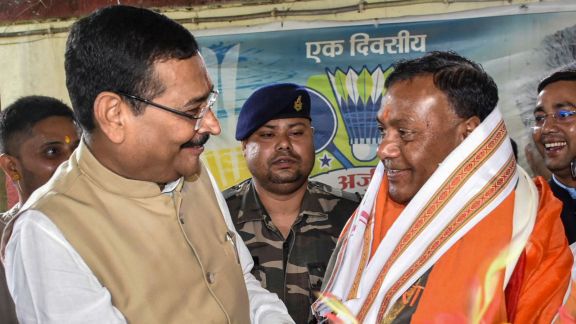 Odisha Governor Braj Mohan Ram being greeted by BJP leader Deepak Prakash on Tuesday (PTI Photo)