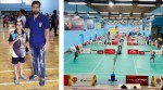 (LEFT) File image of Jagsher Singh Khangurra during his first tournament win at Mohali, with coach Suresh Kumar; (RIGHT) Rajhans Stadium at Jalandhar, which has six refurbished badminton courts now. (Special arrangement)