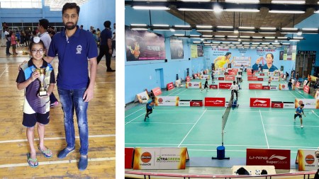 (LEFT) File image of Jagsher Singh Khangurra during his first tournament win at Mohali, with coach Suresh Kumar; (RIGHT) Rajhans Stadium at Jalandhar, which has six refurbished badminton courts now. (Special arrangement)