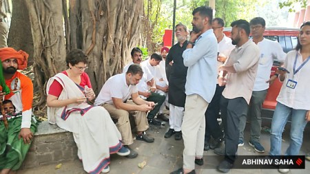 Rahul Gandhi and Priyanka Gandhi along with several leaders are sitting on a dharna inside the All India Radio premises which is next to ECI office.