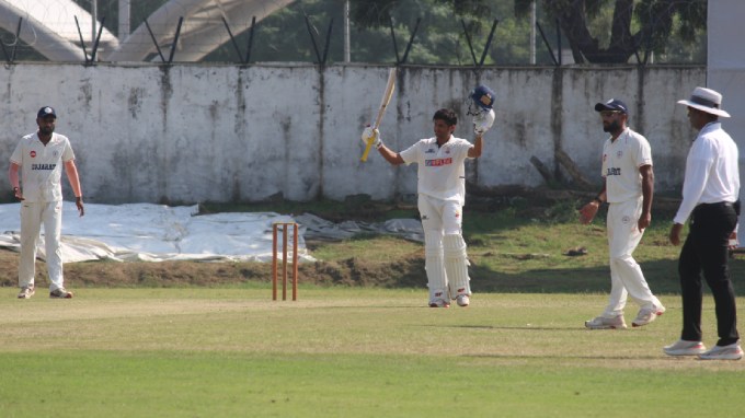 Priyansh Arya slammed his maiden first-class century but fell one run short of a double hundred. (Express Photo)