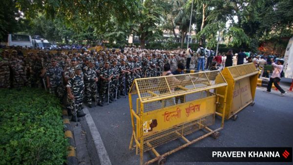 Heavy police presence ahead of the protest. (Express Photo by Praveen Khanna)