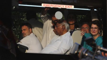 Congress president Mallikarjun Kharge,Rahul Gandhi and Priyanka Gandhi Vadra during Opposition party protest march against CEC in new delhi