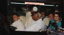 Congress president Mallikarjun Kharge,Rahul Gandhi and Priyanka Gandhi Vadra during Opposition party protest march against CEC in new delhi