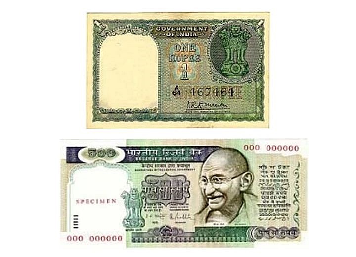 The one-rupee note (top) and the later Rs 500 note that featured Gandhi. (RBI) 