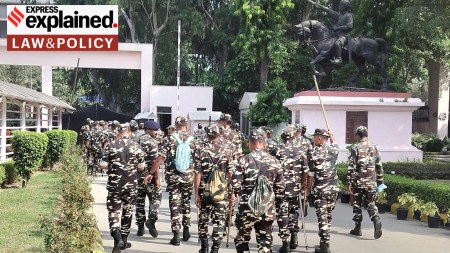 Security personnel at Delhi's Chhatrasal stadium, among the biggest detention centres, where Vijayan has been taken. (Sophiya Mathew)