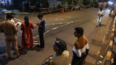 Police cordon off the spot where shots were fired at actor Tiger Shroff, in Mumbai on Sunday. Actor is safe and has not sustained any gunshot injuries. (ANI Photo)