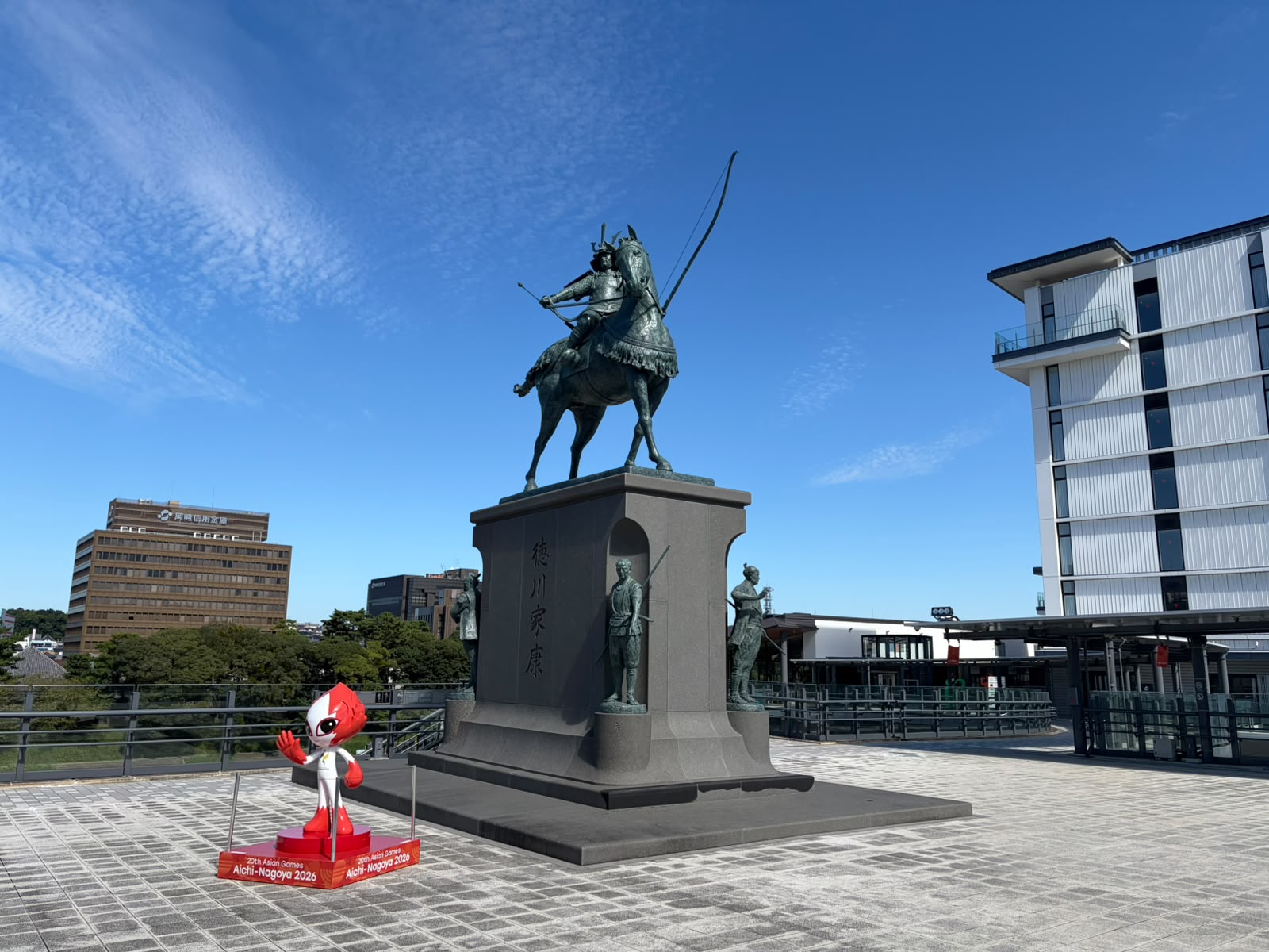 Asian Games mascot by the monument of Tokugawa Ieyasu, one of Japan’s unifiers, in Okazaki.