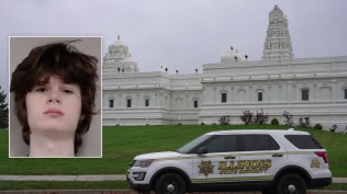 A security vehicle is parked outside of Sri Venkateswara Swami (Balaji) Temple in Aurora, Ill., Thursday; and Alexandros Paporakis (inset) (AP Photo).
