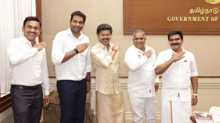 Tamil Nadu Chief Minister and TVK chief C Joseph Vijay, centre, along with Arunraj KG, left, and other party leaders during a meeting following the Secular Social Justice Victory Alliance's win in the Dharapuram and Maduranthakam assembly by-elections, in Chennai. (@arunraajkg/X via PTI Photo)