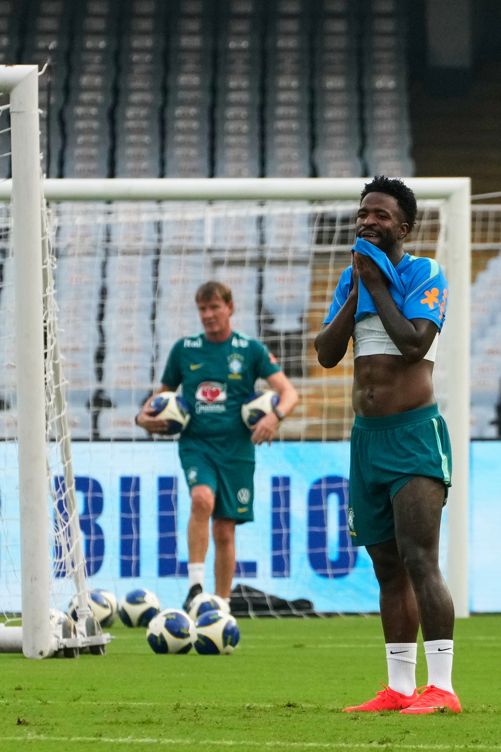 Brazil's Vinicius Junior during a training session ahead of a friendly soccer match against India, in Kolkata, India, Friday, Oct. 2, 2026.