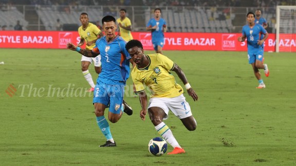 Vinicius played in the first half of the match between India and Brazil. (Express Photo by Partha Paul)